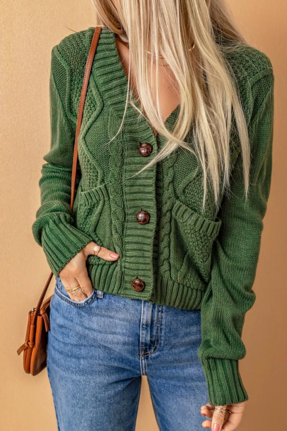 Fashion Dear-Lover Front Pockets Buttons Textured Cardigan Green