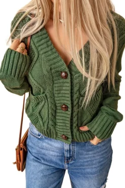 Fashion Dear-Lover Front Pockets Buttons Textured Cardigan Green