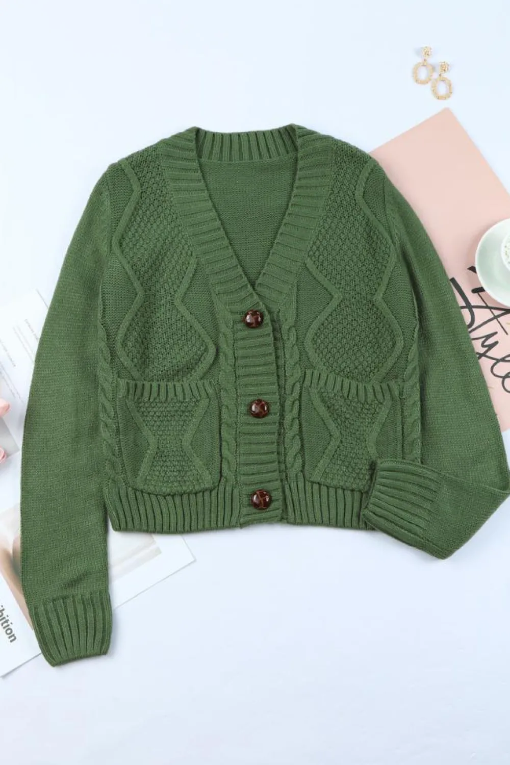 Fashion Dear-Lover Front Pockets Buttons Textured Cardigan Green