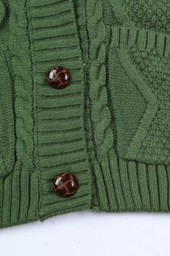 Fashion Dear-Lover Front Pockets Buttons Textured Cardigan Green