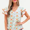 Sale Dear-Lover Geometric Floral Print Layered Flutter Sleeve V Neck Ric Rac Trim Blouse Green