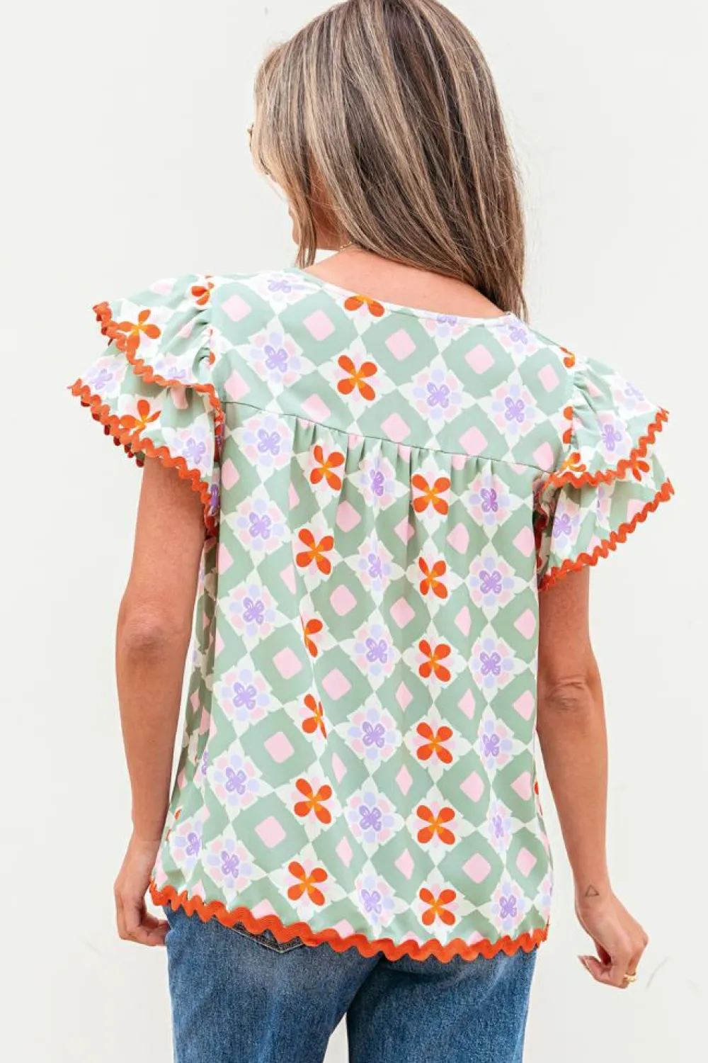 Sale Dear-Lover Geometric Floral Print Layered Flutter Sleeve V Neck Ric Rac Trim Blouse Green