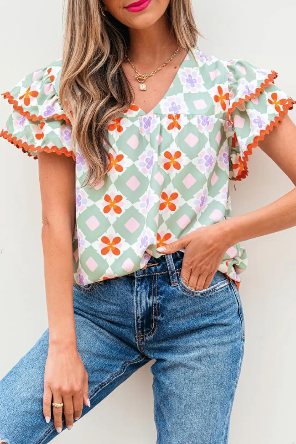 Sale Dear-Lover Geometric Floral Print Layered Flutter Sleeve V Neck Ric Rac Trim Blouse Green