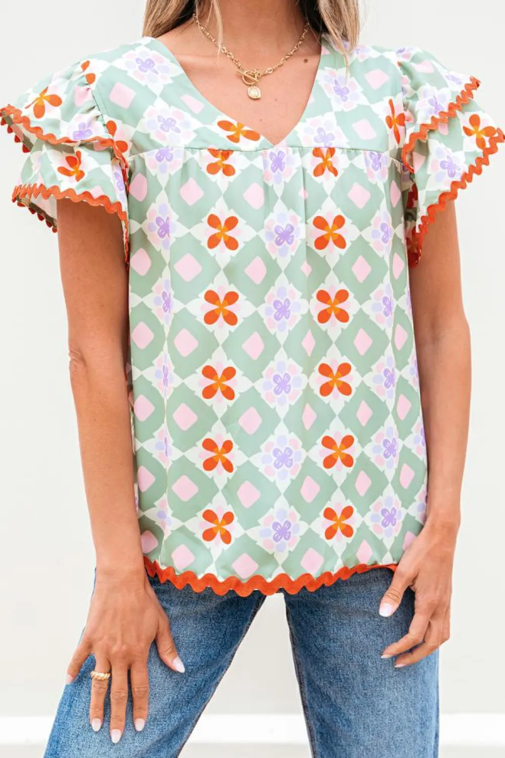 Sale Dear-Lover Geometric Floral Print Layered Flutter Sleeve V Neck Ric Rac Trim Blouse Green