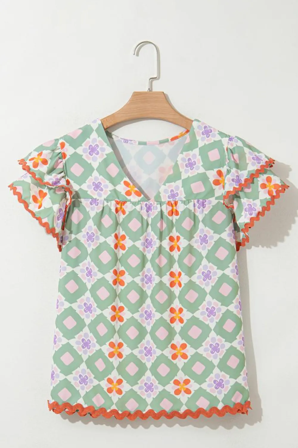 Sale Dear-Lover Geometric Floral Print Layered Flutter Sleeve V Neck Ric Rac Trim Blouse Green