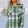 Clearance Dear-Lover Geometric Plaid Print Pocketed Shacket Green