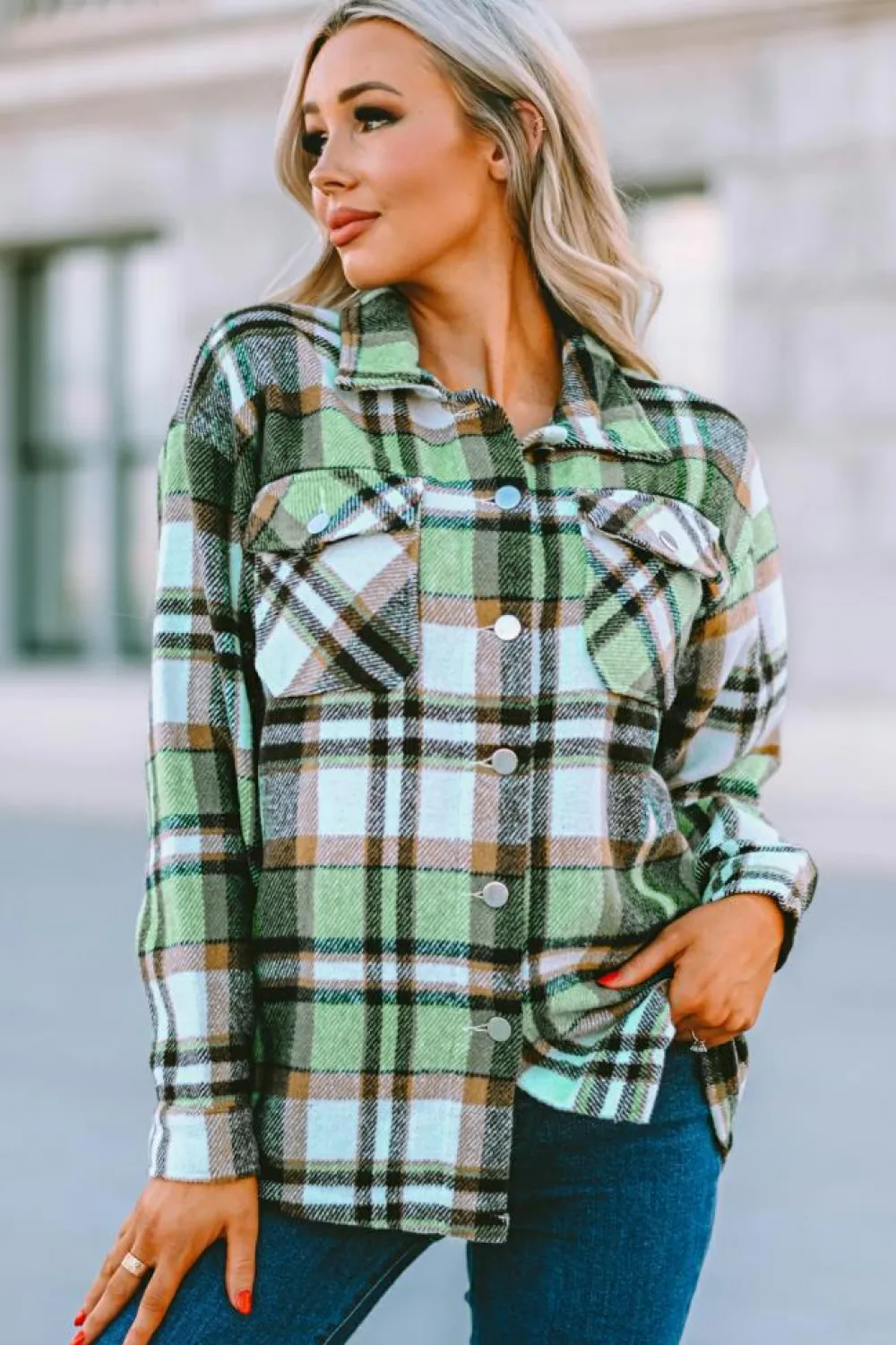 Clearance Dear-Lover Geometric Plaid Print Pocketed Shacket Green