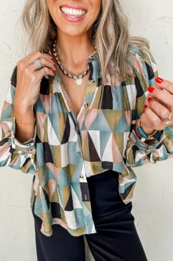Online Dear-Lover Geometric Print Buttoned Balloon Sleeve Loose Fit Shirt Green