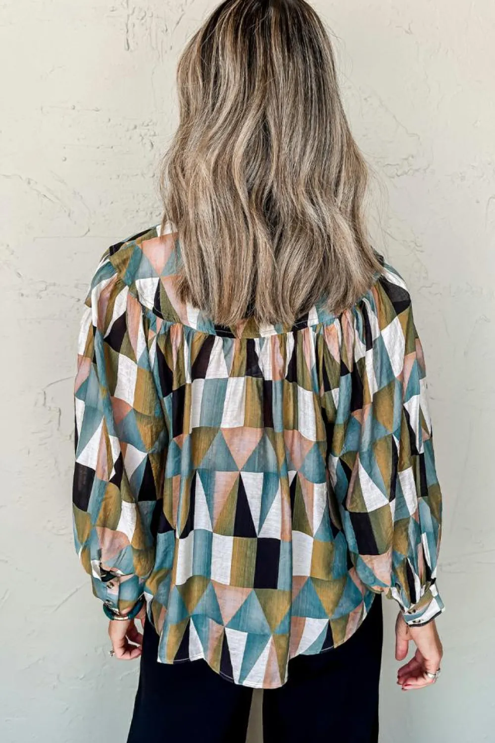 Online Dear-Lover Geometric Print Buttoned Balloon Sleeve Loose Fit Shirt Green