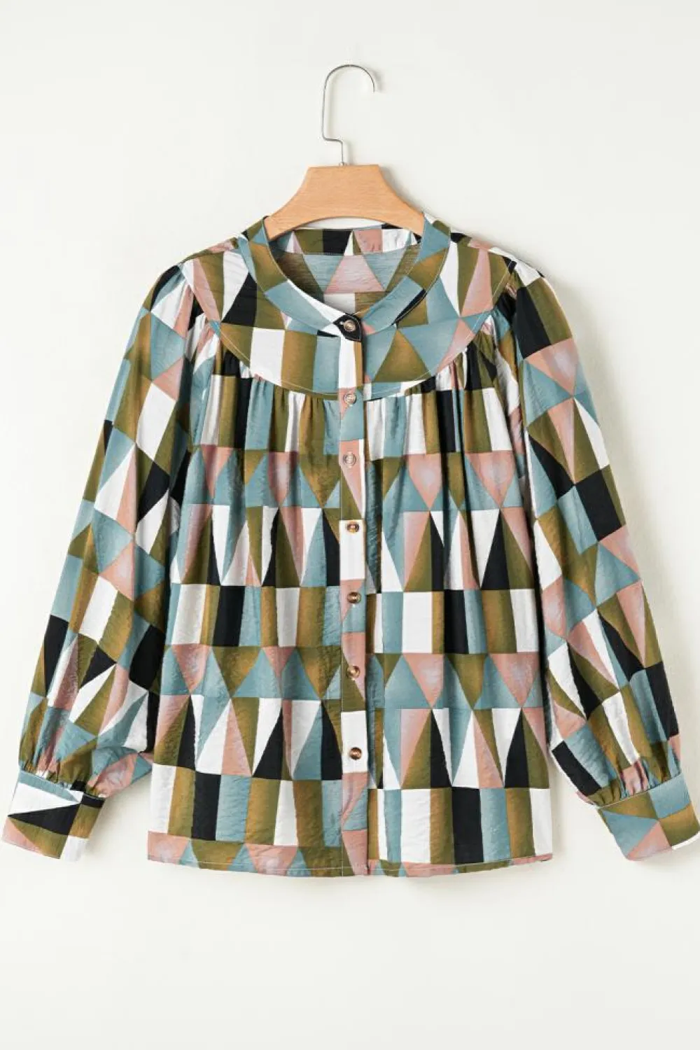 Online Dear-Lover Geometric Print Buttoned Balloon Sleeve Loose Fit Shirt Green