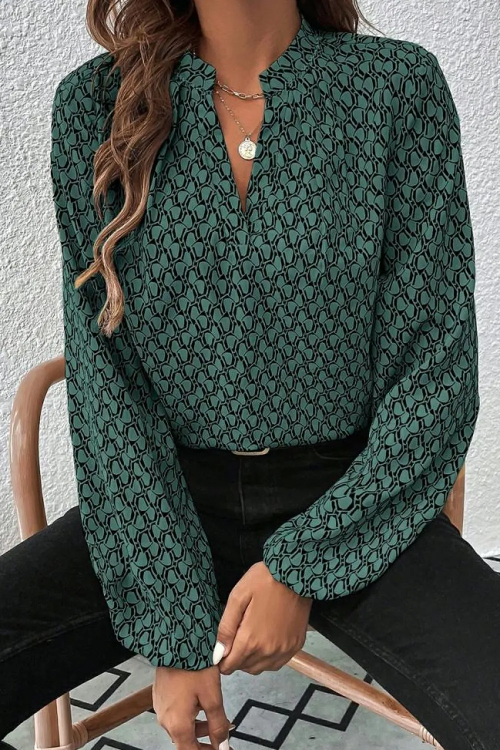 Fashion Dear-Lover Geometric Print Notched Neck Puff Sleeve Blouse Green