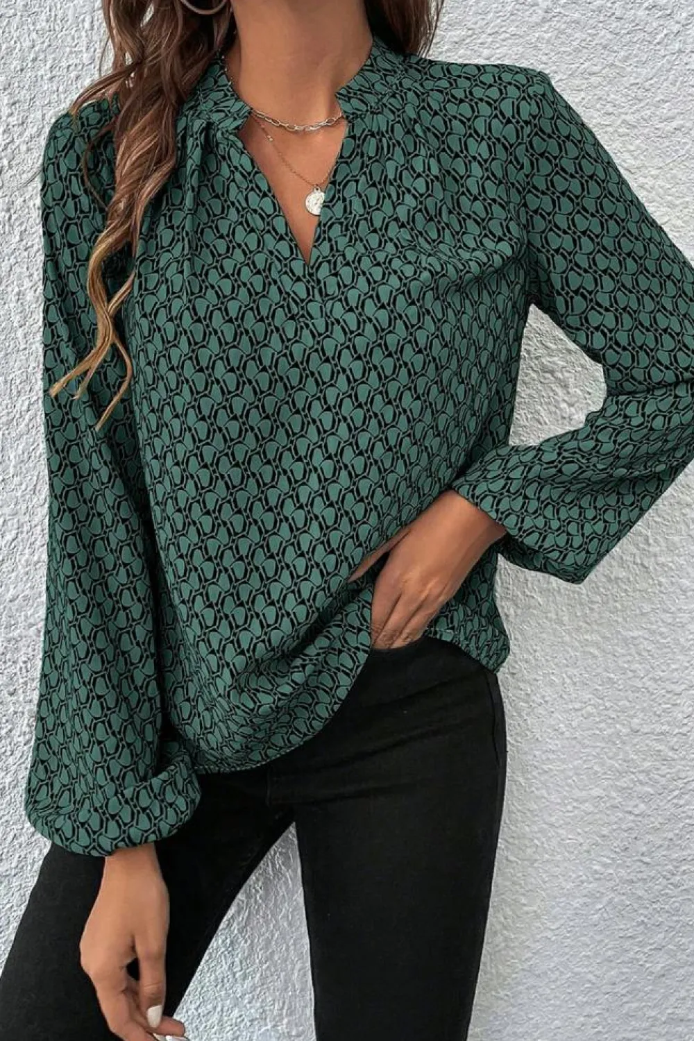 Fashion Dear-Lover Geometric Print Notched Neck Puff Sleeve Blouse Green