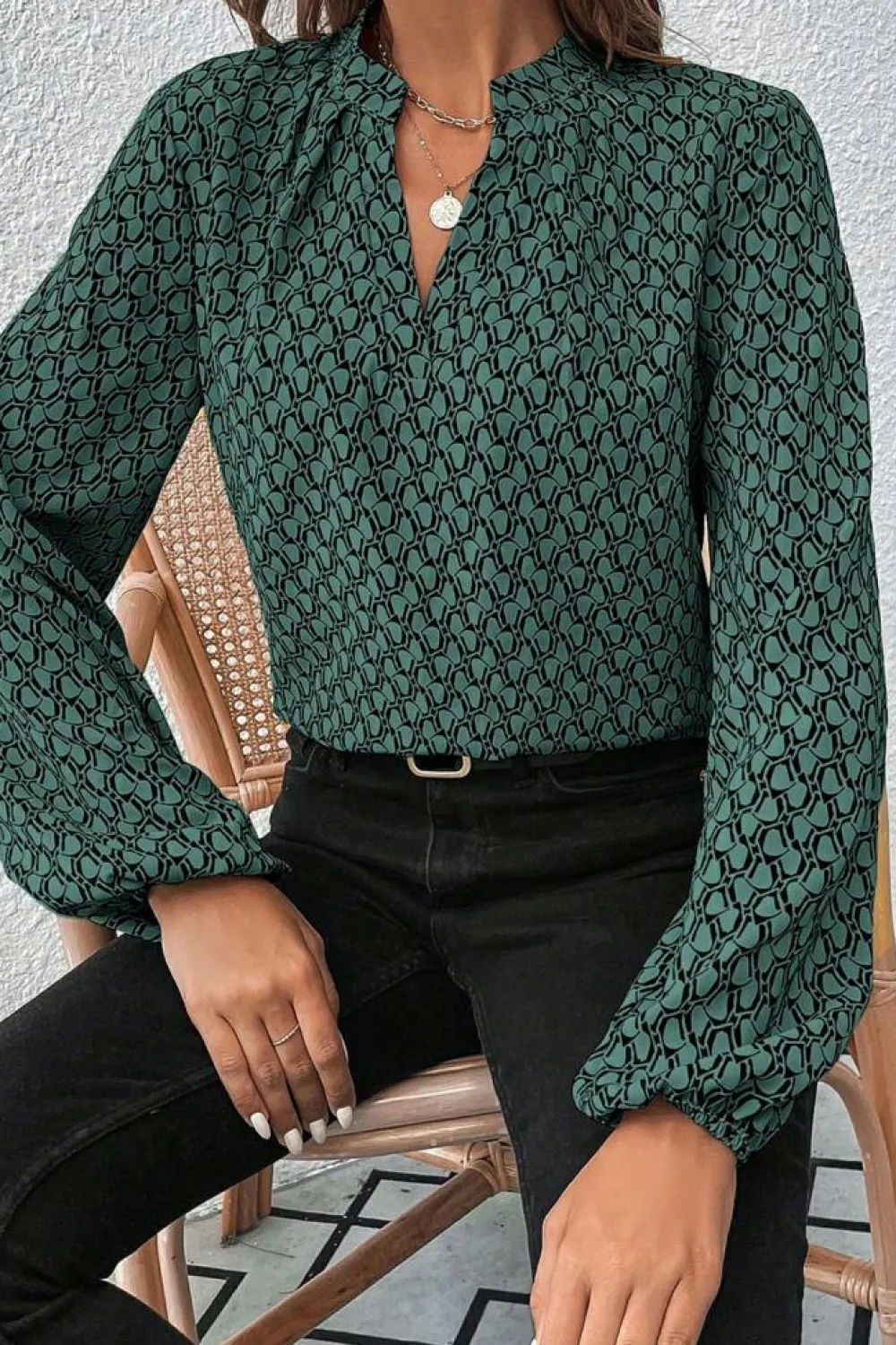 Fashion Dear-Lover Geometric Print Notched Neck Puff Sleeve Blouse Green