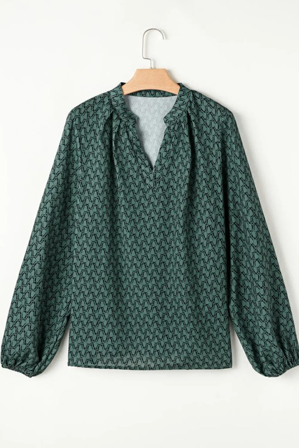 Fashion Dear-Lover Geometric Print Notched Neck Puff Sleeve Blouse Green