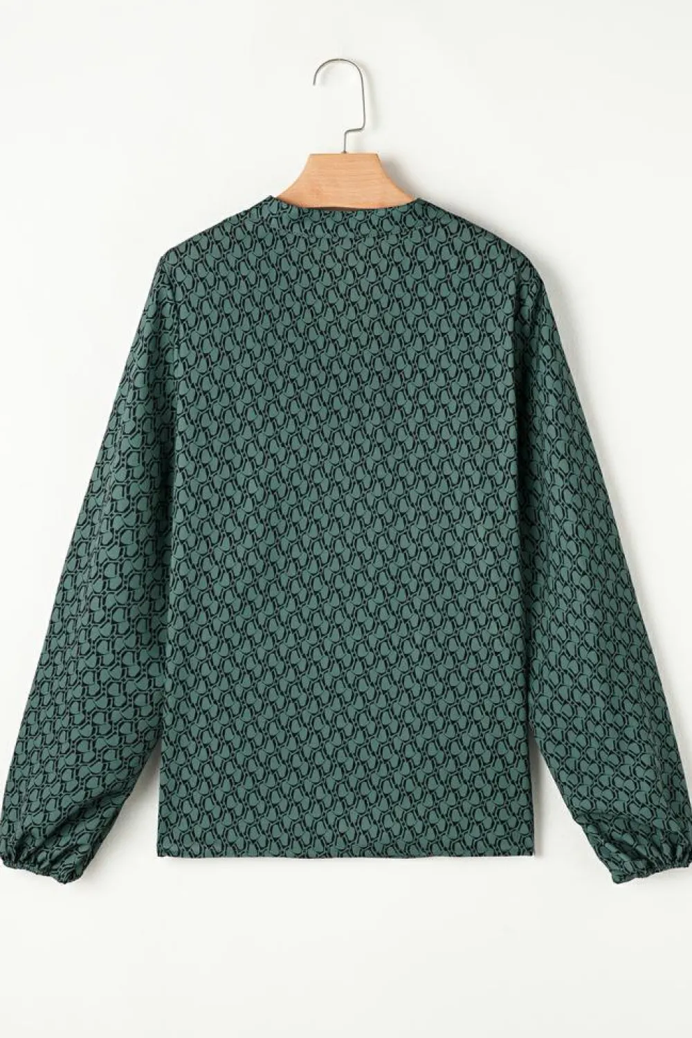 Fashion Dear-Lover Geometric Print Notched Neck Puff Sleeve Blouse Green