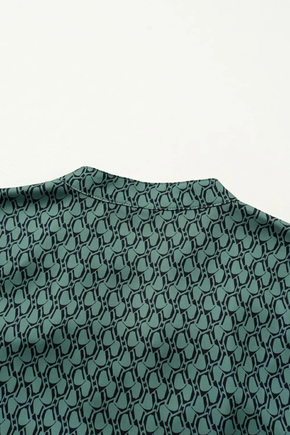 Fashion Dear-Lover Geometric Print Notched Neck Puff Sleeve Blouse Green