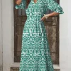 Sale Dear-Lover Geometric Print V Neck Casual Long Dress Green