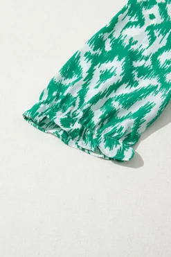 Sale Dear-Lover Geometric Print V Neck Casual Long Dress Green