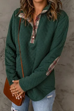 Online Dear-Lover Geometric Texture Plaid Trim Sweatshirt Green