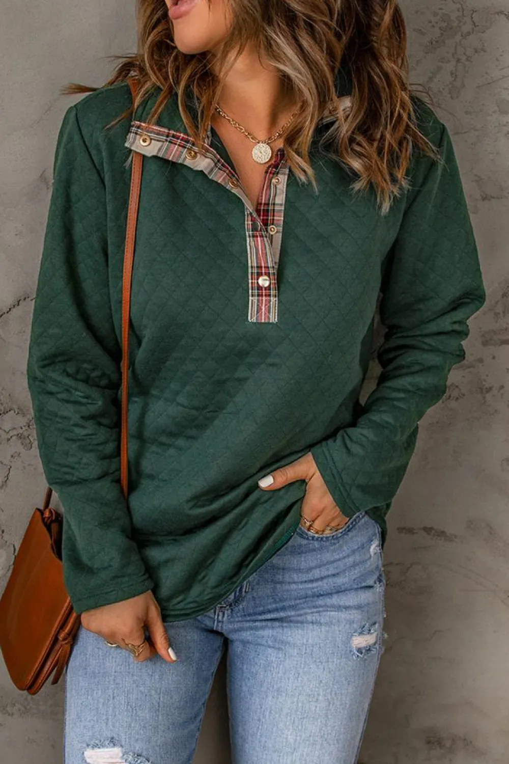 Online Dear-Lover Geometric Texture Plaid Trim Sweatshirt Green