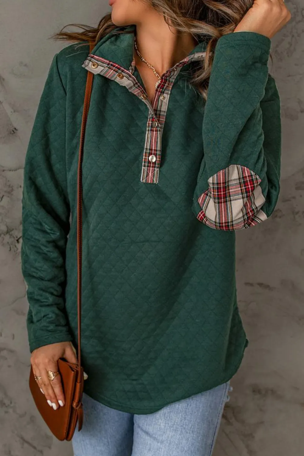 Online Dear-Lover Geometric Texture Plaid Trim Sweatshirt Green