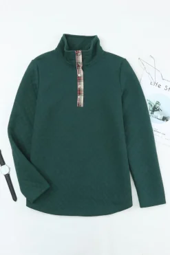 Online Dear-Lover Geometric Texture Plaid Trim Sweatshirt Green