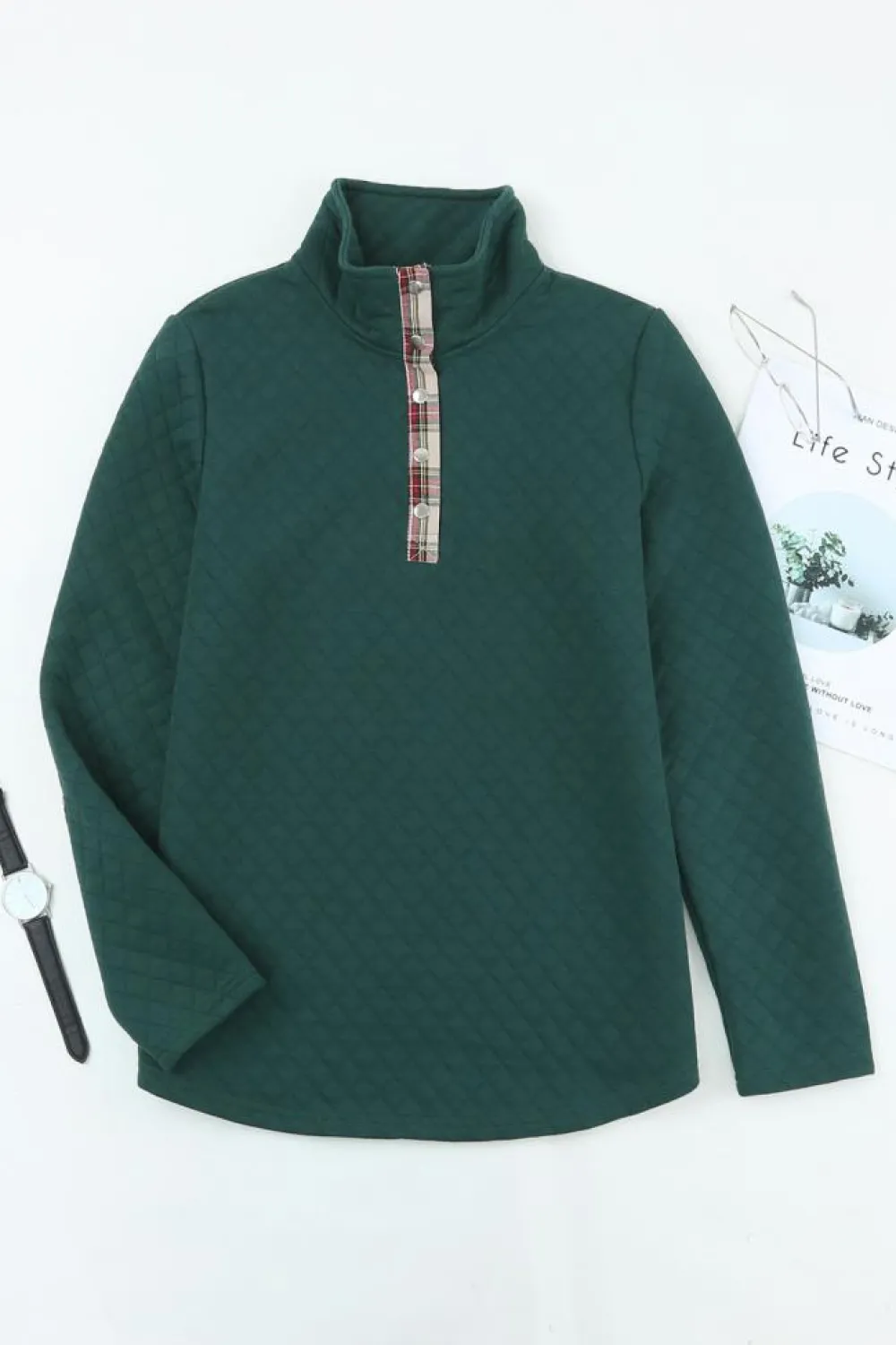 Online Dear-Lover Geometric Texture Plaid Trim Sweatshirt Green