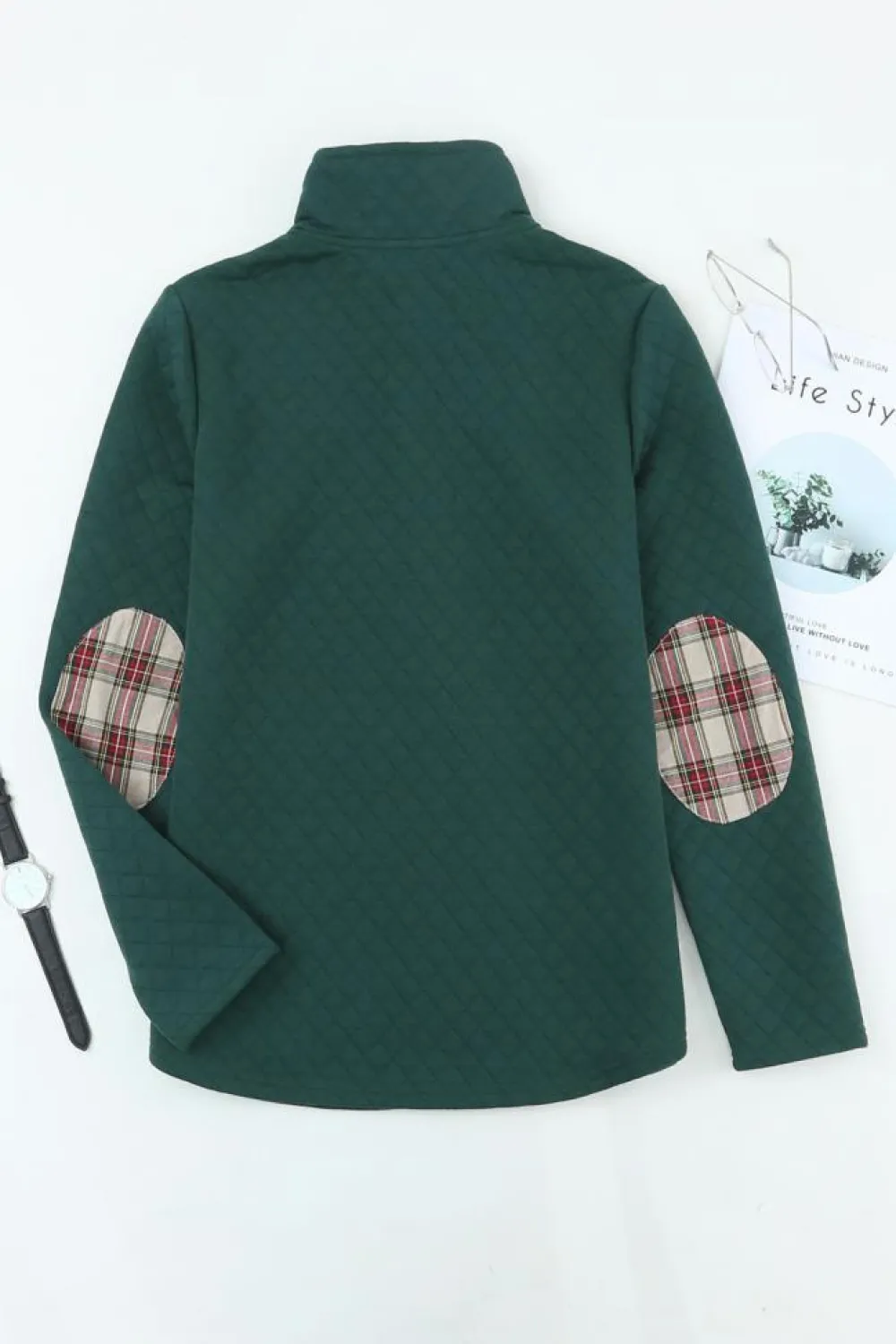 Online Dear-Lover Geometric Texture Plaid Trim Sweatshirt Green
