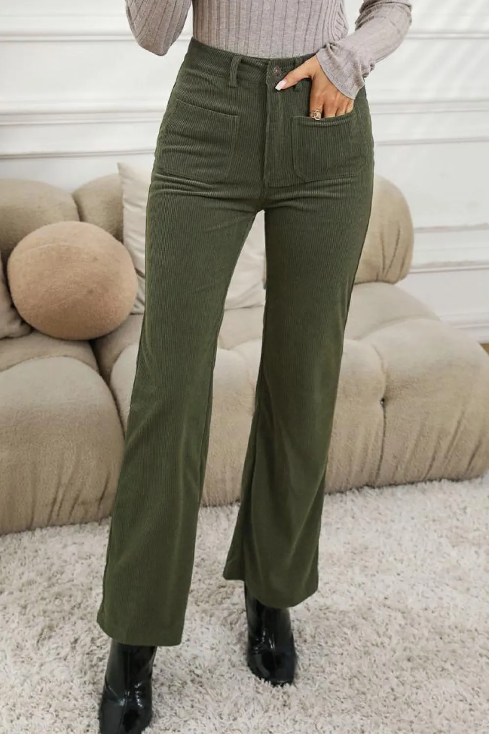 Hot Dear-Lover High Waist Square Pockets Corduroy Pants Green