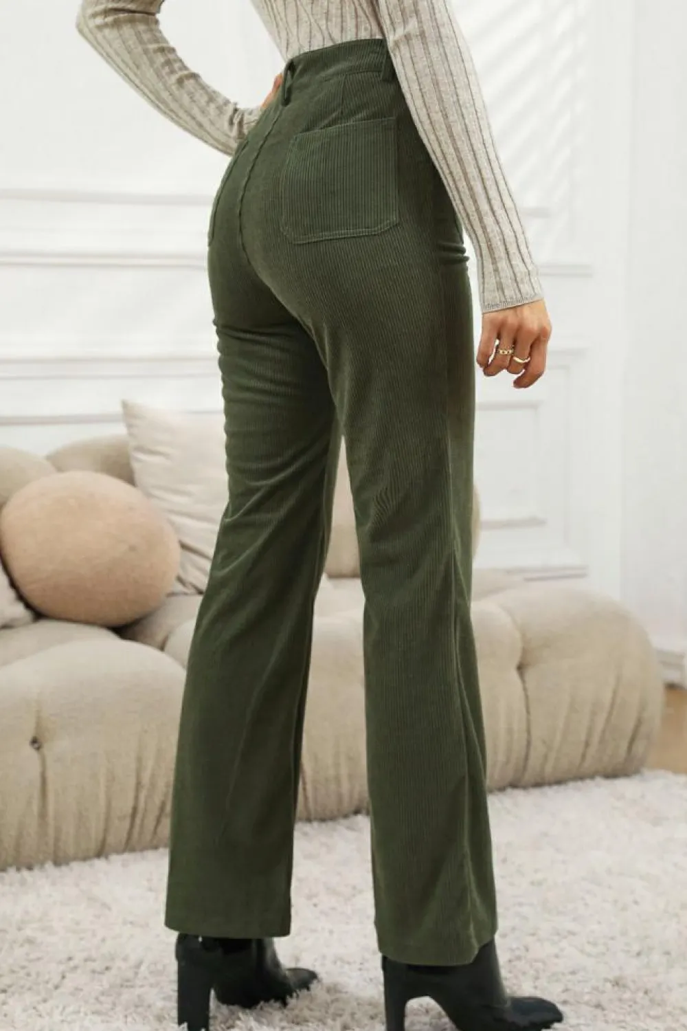 Hot Dear-Lover High Waist Square Pockets Corduroy Pants Green