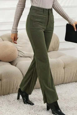 Hot Dear-Lover High Waist Square Pockets Corduroy Pants Green