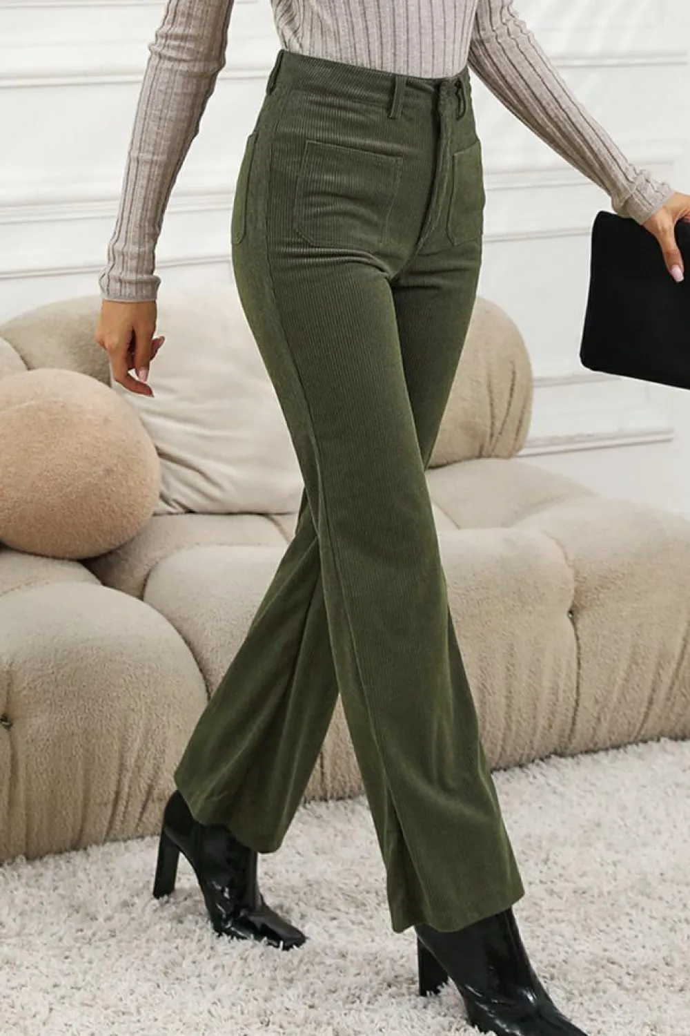 Hot Dear-Lover High Waist Square Pockets Corduroy Pants Green
