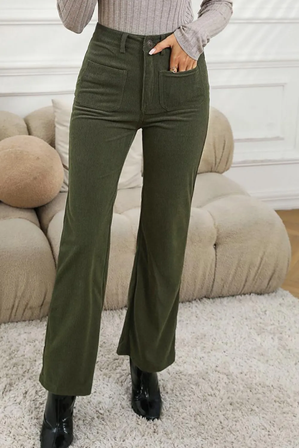 Hot Dear-Lover High Waist Square Pockets Corduroy Pants Green