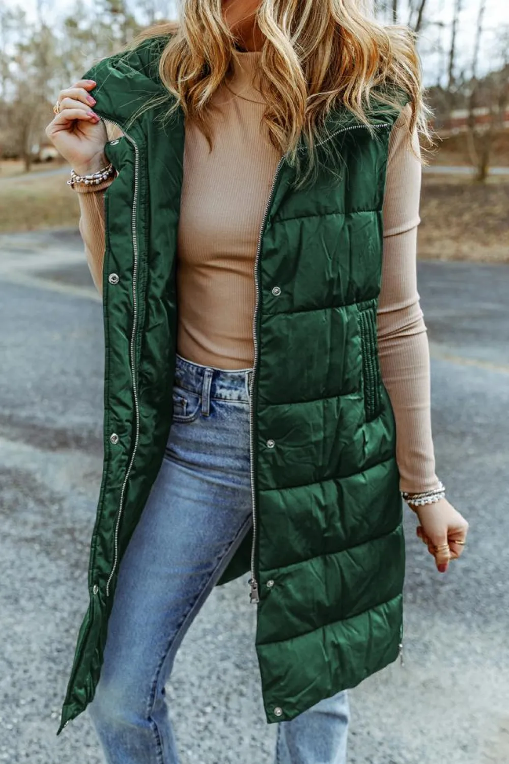 Discount Dear-Lover Hooded Long Quilted Vest Coat Green