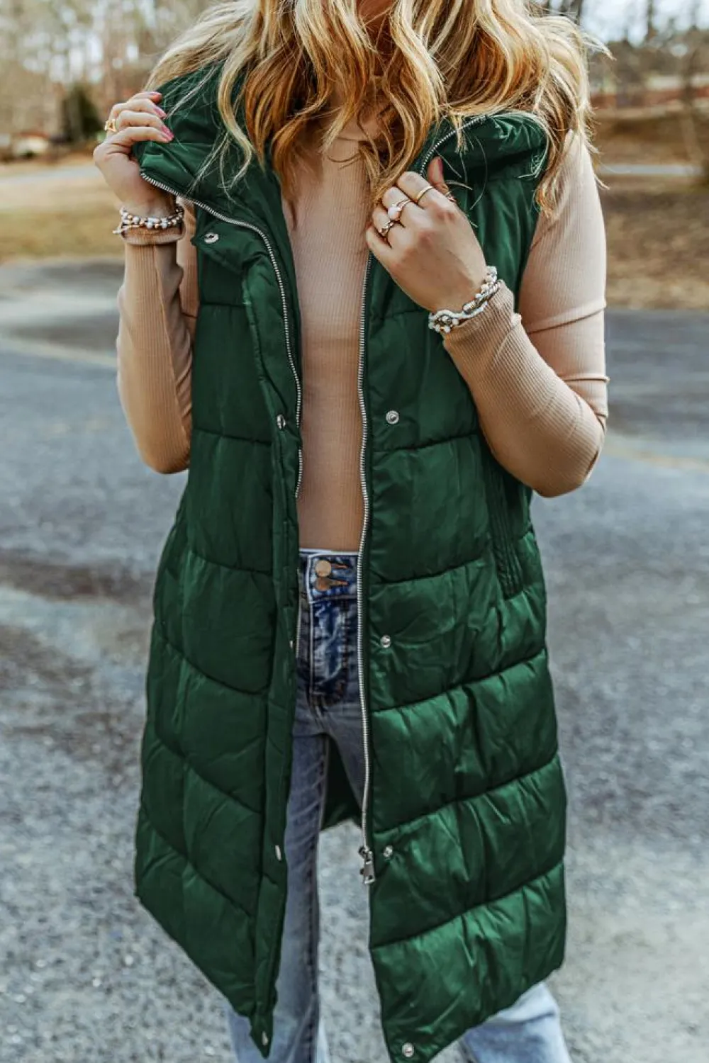 Discount Dear-Lover Hooded Long Quilted Vest Coat Green