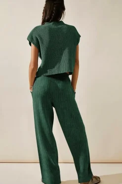 Sale Dear-Lover Knitted V Neck Sweater and Casual Pants Set Green