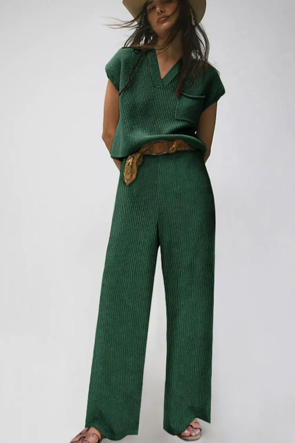 Sale Dear-Lover Knitted V Neck Sweater and Casual Pants Set Green