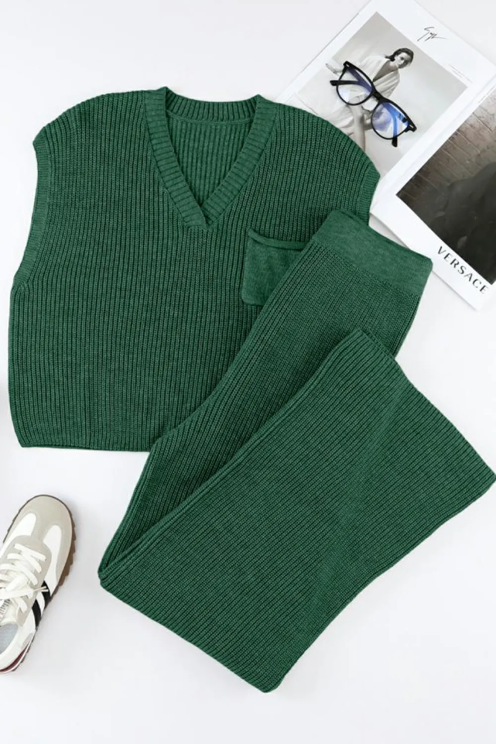 Sale Dear-Lover Knitted V Neck Sweater and Casual Pants Set Green