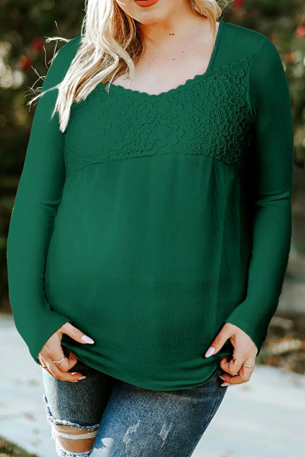 Best Dear-Lover Lace Crochet V Neck Long Sleeve Top Green