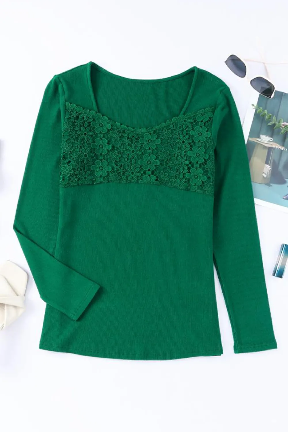 Best Dear-Lover Lace Crochet V Neck Long Sleeve Top Green