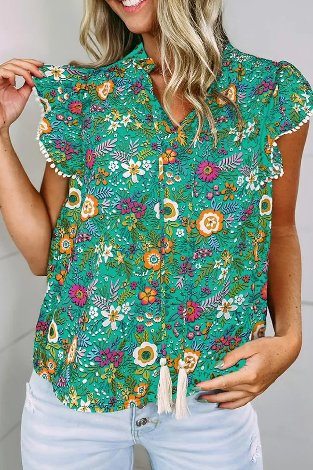 Sale Dear-Lover Lace Trim Flutter Sleeve Tropical Floral Blouse Green