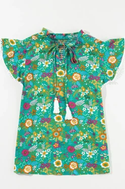 Sale Dear-Lover Lace Trim Flutter Sleeve Tropical Floral Blouse Green
