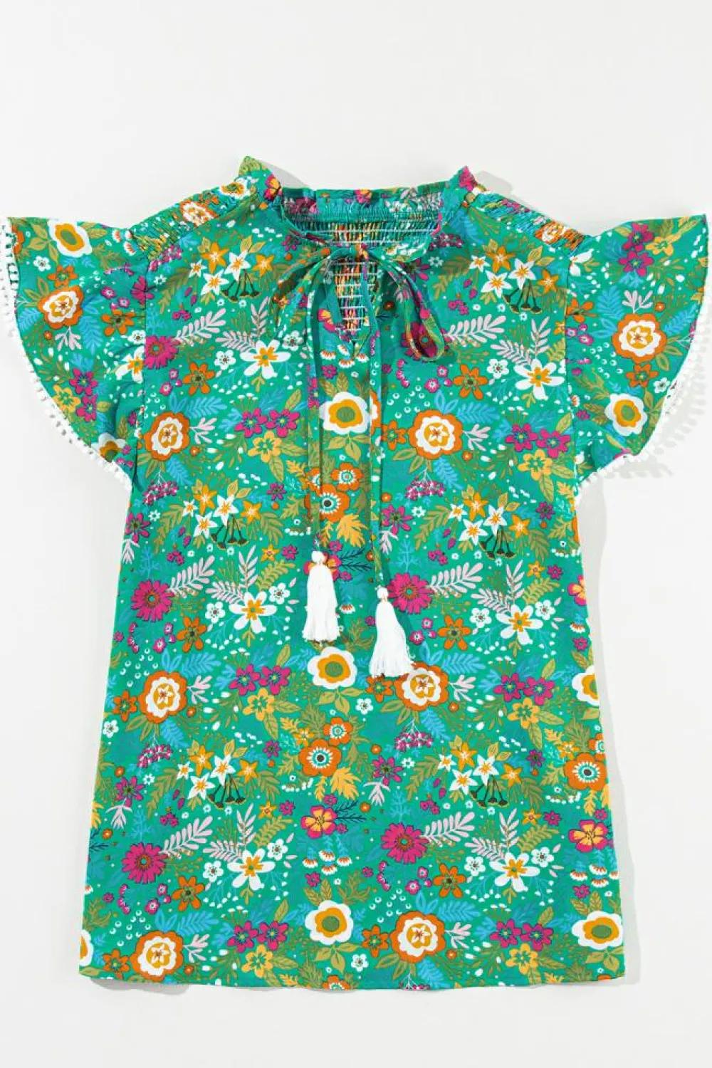 Sale Dear-Lover Lace Trim Flutter Sleeve Tropical Floral Blouse Green