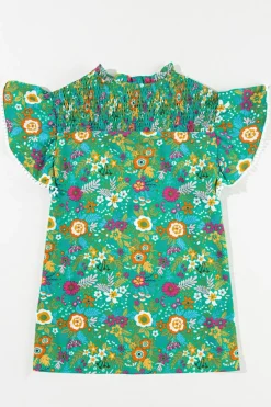 Sale Dear-Lover Lace Trim Flutter Sleeve Tropical Floral Blouse Green