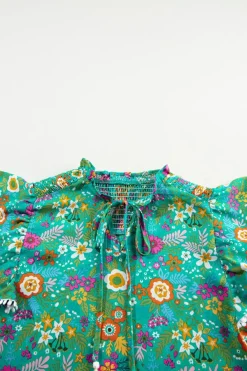Sale Dear-Lover Lace Trim Flutter Sleeve Tropical Floral Blouse Green