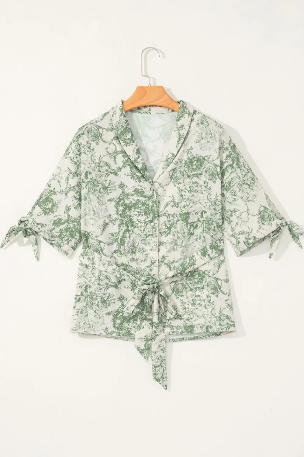 Discount Dear-Lover Landscape Print Tied 3/4 Sleeve Shirt with Sash Green