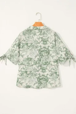 Discount Dear-Lover Landscape Print Tied 3/4 Sleeve Shirt with Sash Green