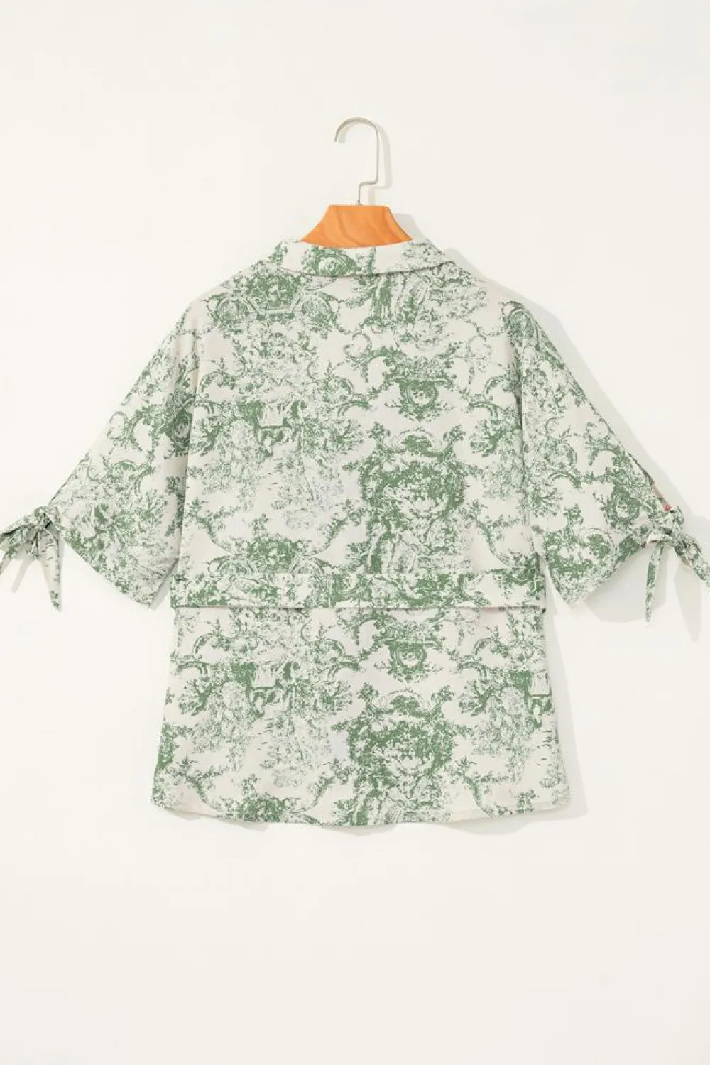 Discount Dear-Lover Landscape Print Tied 3/4 Sleeve Shirt with Sash Green