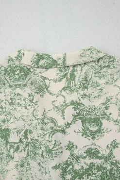 Discount Dear-Lover Landscape Print Tied 3/4 Sleeve Shirt with Sash Green