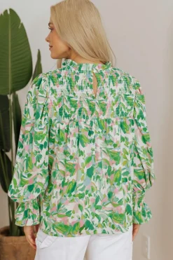 New Dear-Lover Leafy Printed Flounce Sleeve Shirred Mock Neck Blouse Green